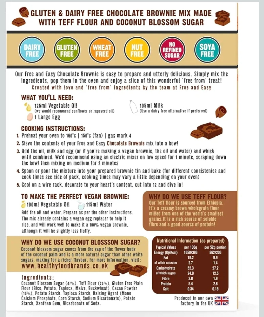 Free & Easy Gluten & Dairy free brownie mix 350g BBE 07/2027