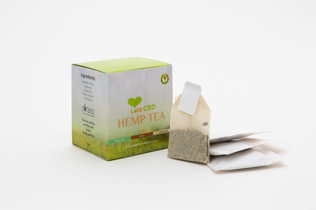 Hemp Tea 10 Tea Bags Love CBD Organic Caffeine Free Peppermint Ginger Chamomile