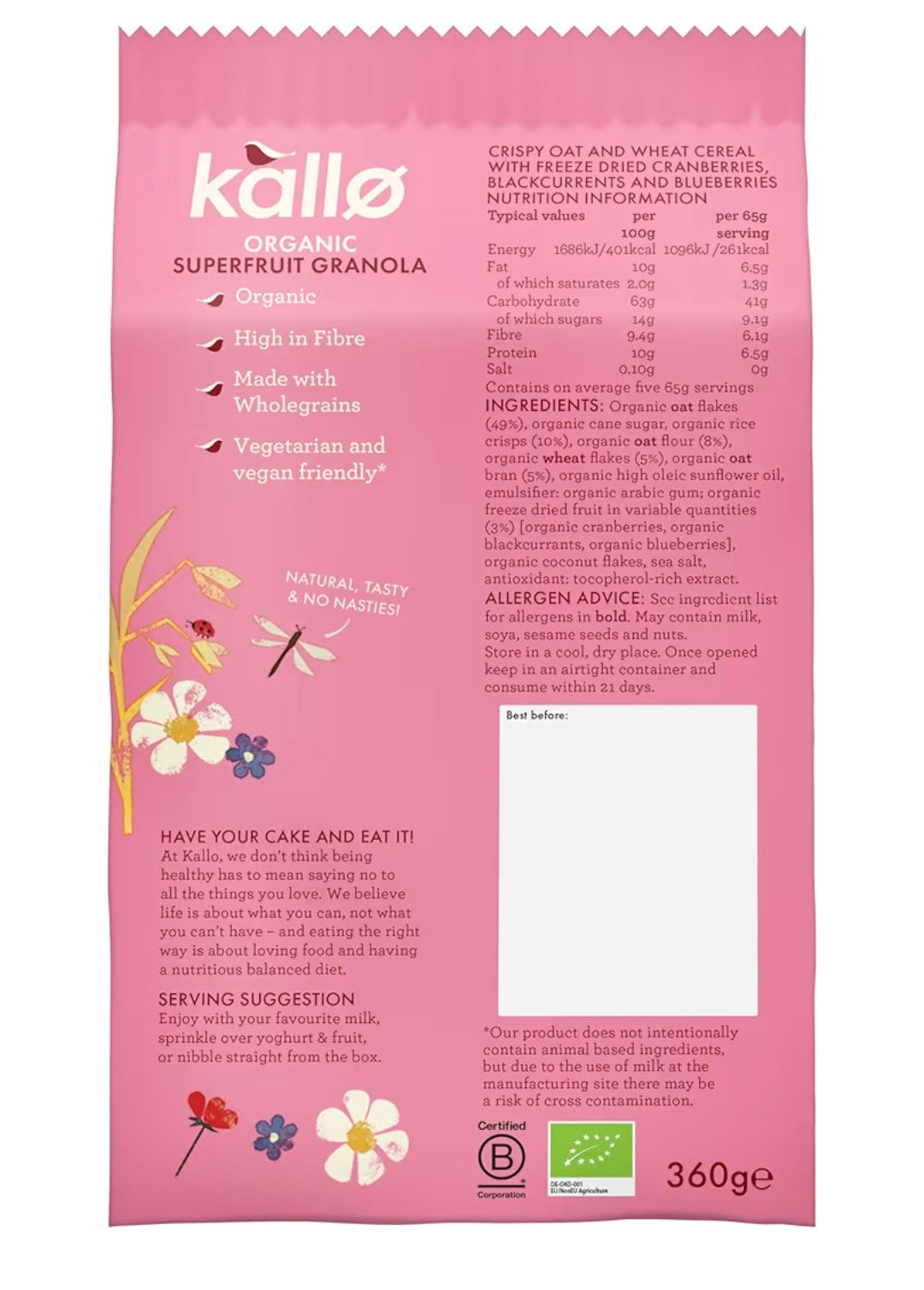 Kallo Organic Superfuit Granola- 360g BBE 14/01/2027